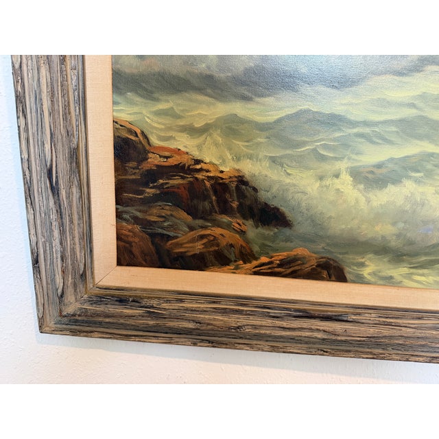 Green Large Vintage Coastal Seascape Oil Painting Signed Pierro Ocean Waves Framed For Sale - Image 8 of 12
