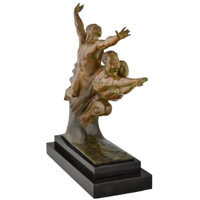 Metal Robert Delandre, Art Deco Bronze Sculpture of 3 Athletes: Allegory of Speed, 1930, Bronze & Marble For Sale - Image 7 of 12