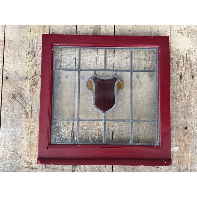 Early 20th C. Stained Glass Window - Shield / Crest in Wine Red and Old Gold For Sale - Image 12 of 13