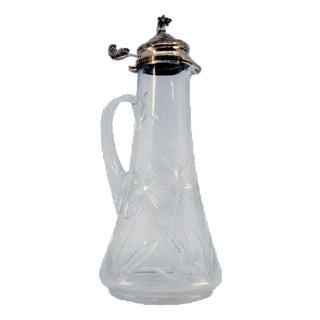 Glass Jug with Animal on the Handle, Silver Lid and Glass Handle For Sale