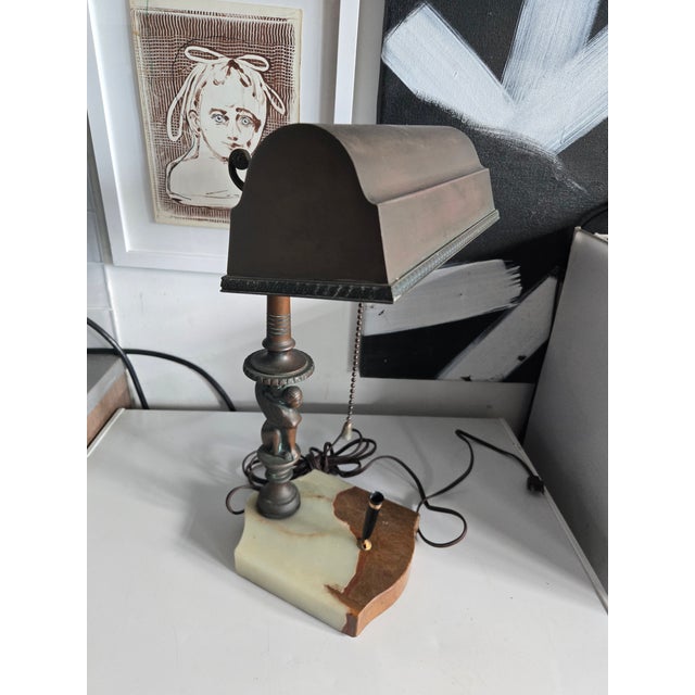 1910s 1910s Early Bronze Sphinx Bankers Lamp W Onyx Base & Pen Holder For Sale - Image 5 of 13