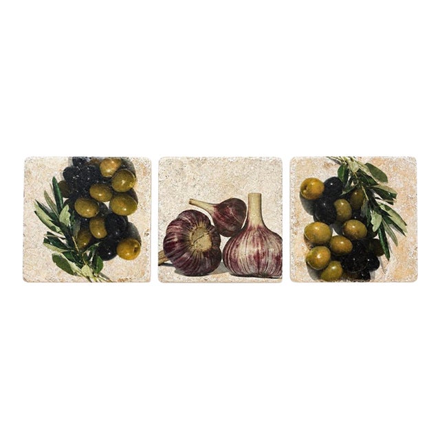 Vintage Italian Olive & Garlic Travertine Stone Coasters, Set of 3 For Sale