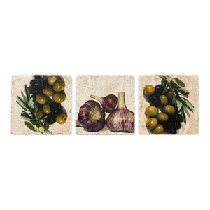 Vintage Italian Olive & Garlic Travertine Stone Coasters, Set of 3