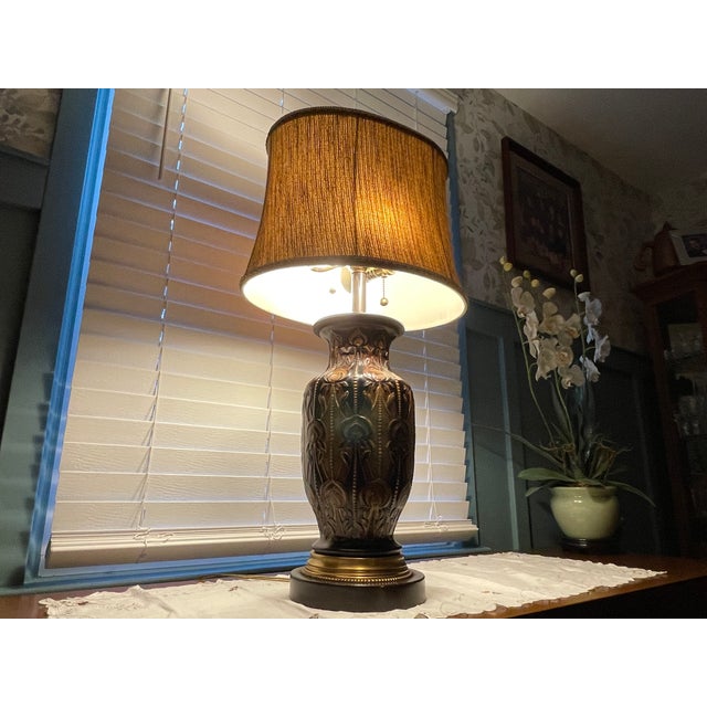 Designer Frederick Cooper Art Nouveau Style Ceramic Table Lamp With Original Woven Shade For Sale - Image 9 of 18