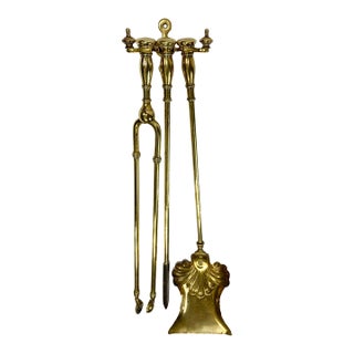 Vintage Art Nouveau Wall Mount Brass Fireplace Tools, Set of 3 For Sale