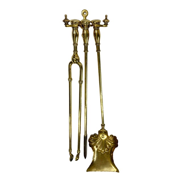 Vintage Art Nouveau Wall Mount Brass Fireplace Tools, Set of 3 For Sale