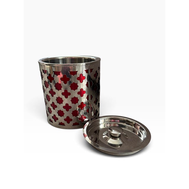 Late 20th Century Vintage Cynthia Rowley Chrome & Red Lattice Ice Bucket For Sale - Image 5 of 7