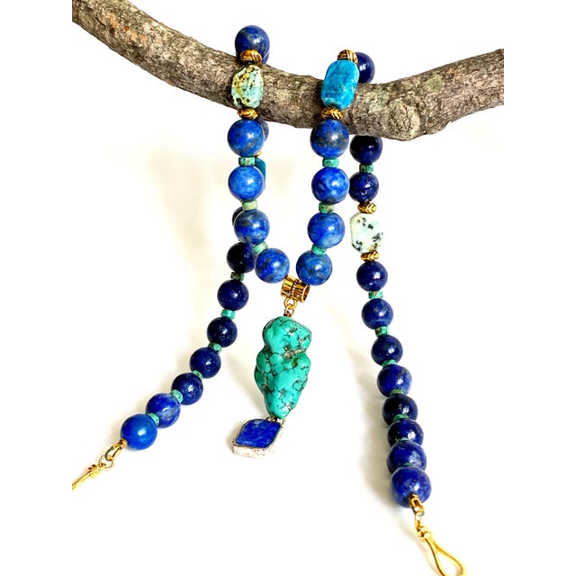 One-of-a-Kind Lapis Lazuli & Turquoise Statement Necklace | Vintage Turquoise Pendant | Artisan Bohemian Luxury Jewelry For Sale - Image 10 of 17