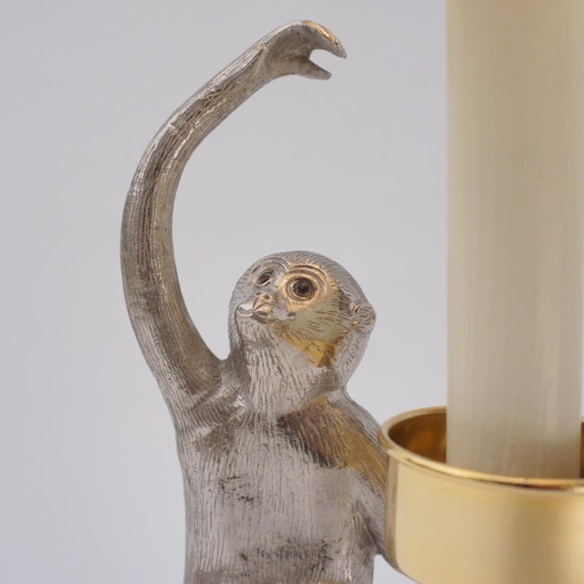 1970s 1970's Italian Surrealist Monkey Candlestick Table Lamp by Hauy Pouigo, Signed, Silver Plated Bronze & Brass - Rewired For Sale - Image 5 of 14