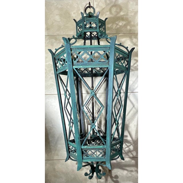 Exquisite Large Hand-Forged Iron Lantern – Verdigris Patina - 47” High X 24”Wide For Sale - Image 12 of 18