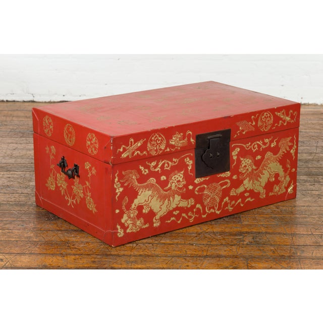 Chinese Red Lacquered Chinese Blanket Chest with Gilt Motifs and Guardian Lions For Sale - Image 3 of 12