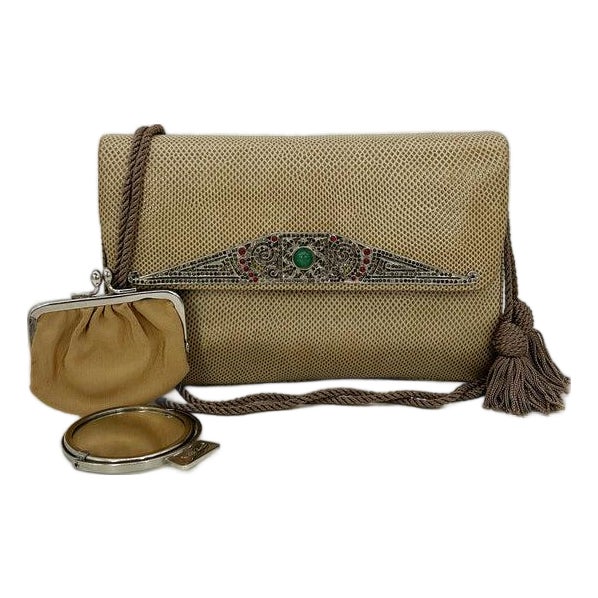 Judith Leiber Vintage Tan Lizard Antique Silver Deco Rhinestone Clutch For Sale