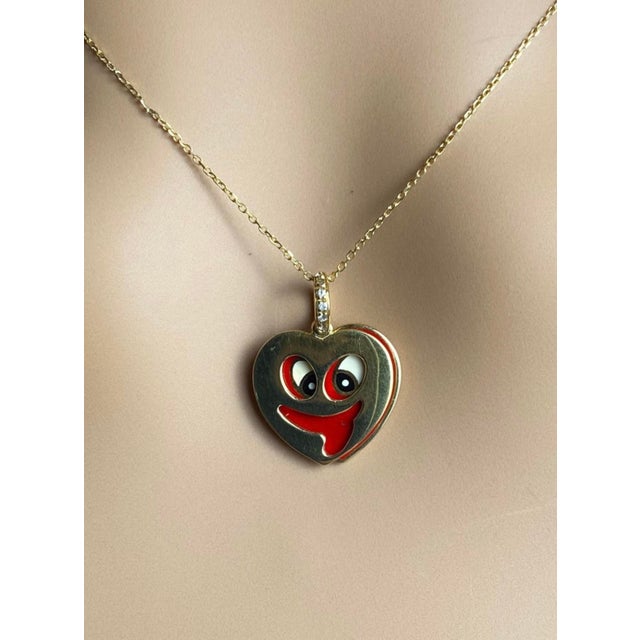 Vintage Aaron Basha 18k Yellow Gold Diamond Enamel Whimsical Heart Charm Pendant For Sale In New York - Image 6 of 9