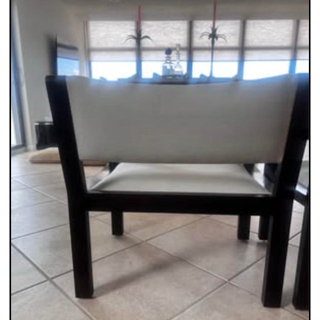 Modern Pair of Vintage Bench-Made Black Walnut Lounge Chairs — Kravet Couture Linen For Sale - Image 3 of 4
