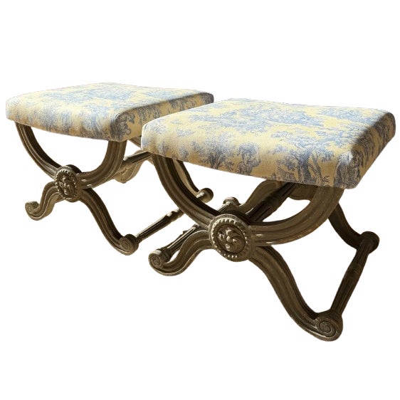A Pair of Painted Campaign Style X-Base Ottomans Footstools in Butter Yellow and Blue Toile For Sale - Image 9 of 17