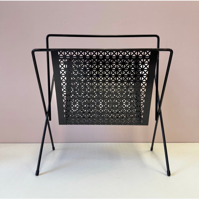 Mid-Century Modern Vintage Mid Century Black Perforated Metal Magazine Rack For Sale - Image 3 of 8