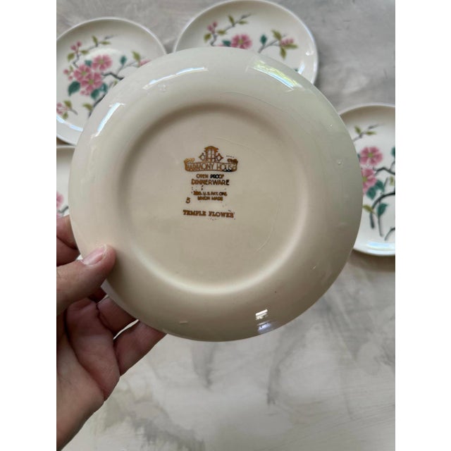 Mid 19th Century Mid 19th Century MCM Harmony House in Temple Flower 6.25” Plates | Pink Chinoiserie Chic - Set of Five (5) For Sale - Image 5 of 8