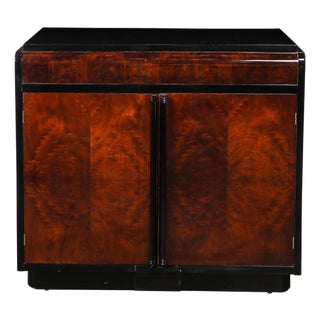 Art Deco Machine Age Waterfall Front Book-Matched Walnut & Black Lacquer Cabinet For Sale