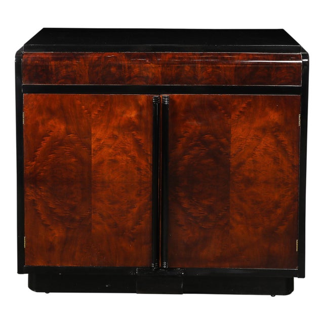 Art Deco Machine Age Waterfall Front Book-Matched Walnut & Black Lacquer Cabinet For Sale