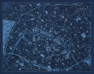 Contemporary Blueprint of a Vintage Map of Paris Circa 1925 (38 x 29.75)