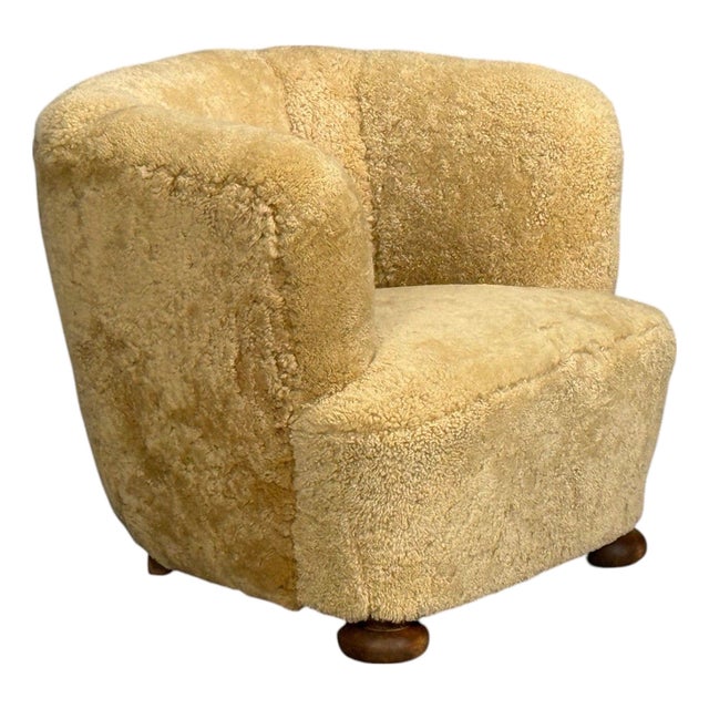 Danish Modern, Banana Style Tub Chair, Beech, Honey Sheepskin, Denmark, 1930s For Sale