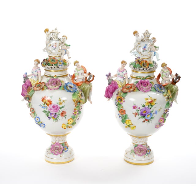 19th Century 19th Century Meissen Rococo Style Flower-Encrusted Covered Urns From Germany For Sale - Image 5 of 13