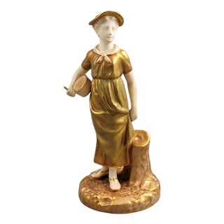 Gilt Porcelain Hadley Model 1774 Figure of Girl with Bowl from Royal Worcester, 1954 For Sale