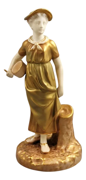 Gilt Porcelain Hadley Model 1774 Figure of Girl with Bowl from Royal Worcester, 1954
