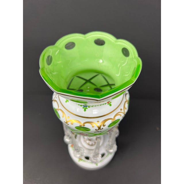 Vintage Bohemian Czech Green Overlay Luster Vase With Crystal Prisms, Hand-Painted Roses, Hollywood Regency Mantel Decor For Sale In Seattle - Image 6 of 7