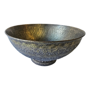 Antique Persian Etched Tinned Copper Footed Decorative Bowl, Circa 17th -18th Century