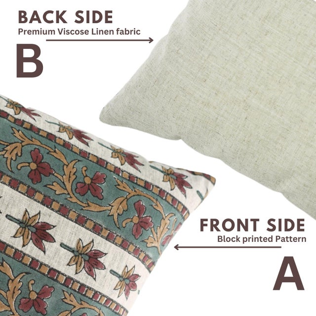 Fabdivine Handmade Block Print Viscose Linen Decorative Throw Pillow Covers 14x14inches - Laxmi Border Design For Sale - Image 4 of 9