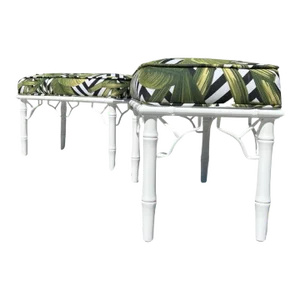 Vintage Ficks Reed Coastal Faux Bamboo White Lacquered Pair Upholstered Benches in Tropical Palm Leaf Beach