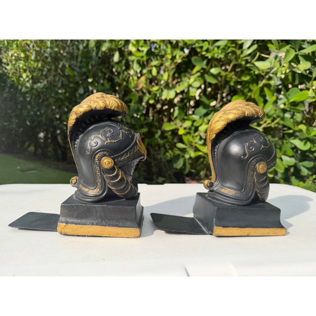 Late 20th Century Vintage Neoclassical Greek Corinthian Helmet Bookends in Black & Gilt Finish, a Pair For Sale - Image 5 of 10