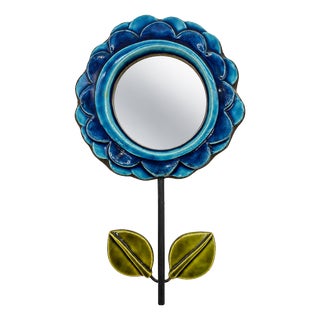 Blue Glazed Ceramic Flower Mirror by Mithé Espelt, 1965 For Sale
