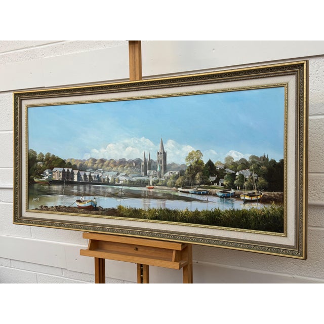 Painting of Figures & Boats on Truro Harbour with Cathedral by British Artist 1985 Circa For Sale - Image 13 of 18