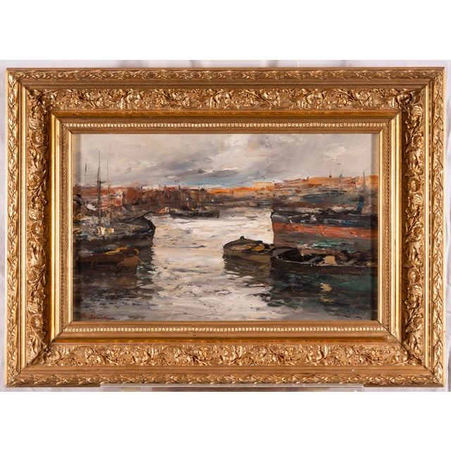Ezelino Briante, Harbor with Moored Boats at Sunset, Oil on Panel For Sale - Image 9 of 15