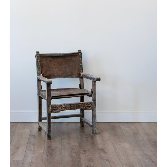 Rustic European Set of Seven 1700s Walnut & Leather Chairs. - Dupont Family Estate For Sale - Image 3 of 13
