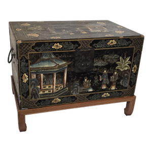19th Century Chinese Export Lacquer Storage Chest With Figural Garden Scenes