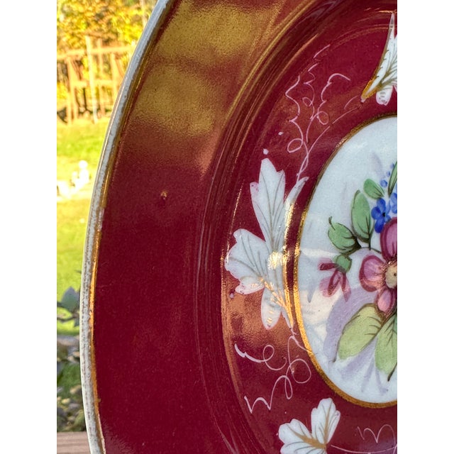 Biedermeier 19th Century Imperial Gardner Porcelain Claret Red Floral Plate & Piala Bowl - Set of 2 For Sale - Image 3 of 10