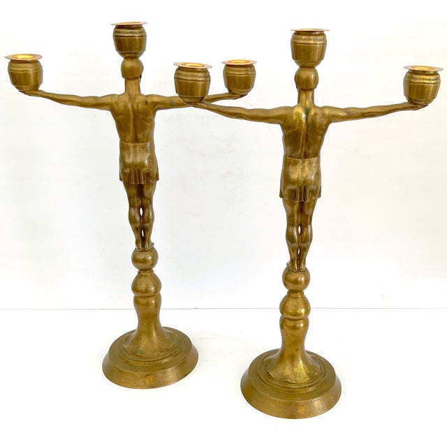 Hans Harry Liebmann, Pair Art Deco Bronze Draped Male Greco-Roman Candelabra For Sale - Image 15 of 18
