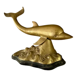 1960s Mid-Century Modern Brass Dolphin Sculpture With Waves