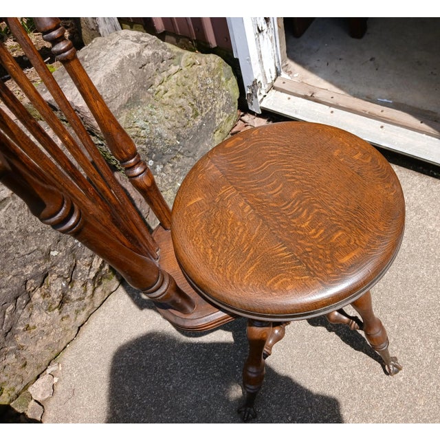 Late 19th Century 1890s Antique Quarter Sawn Oak High Back Organ Stool With Claw Feet For Sale - Image 5 of 17