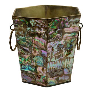 1960s Mid-Century Modern Mexican Brass & Mosaic Abalone Shell Hexagonal Ice Bucket For Sale
