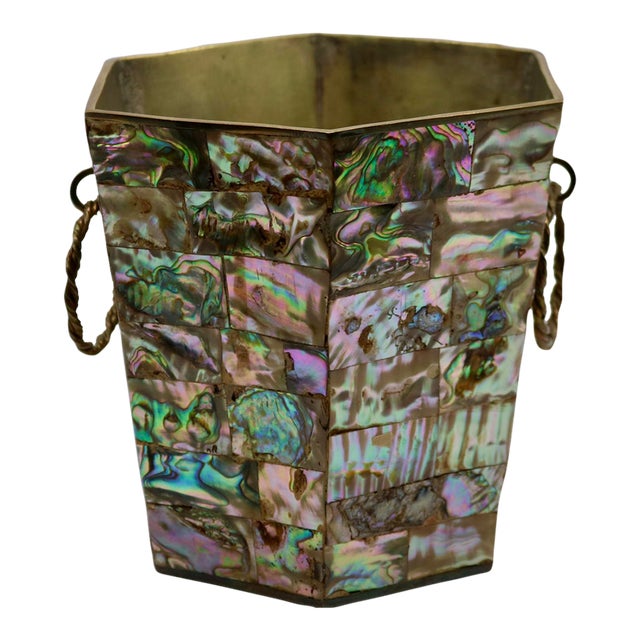 1960s Mid-Century Modern Mexican Brass & Mosaic Abalone Shell Hexagonal Ice Bucket For Sale