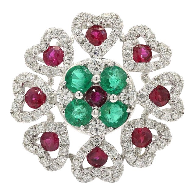 Solid 14k Gold Ruby Emerald and Pave Set Diamond Bohemian Chic Flower Ring Size 5.5 For Sale