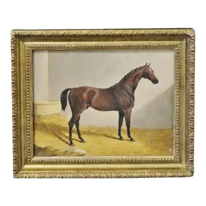 Antique 19th Century Equestrian Horse Portrait Oil Painting on Board