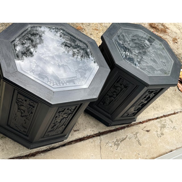 Wood Mid-Century Chinese Carved Figural Wood Octagon Side Tables - A Pair For Sale - Image 7 of 12