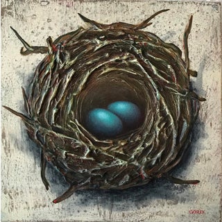 Bird's Nest, 2 Eggs by Thane Gorek | Mixed Media on Board Nest with two blue eggs For Sale