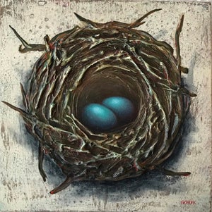 Bird's Nest, 2 Eggs by Thane Gorek | Mixed Media on Board Nest with two blue eggs