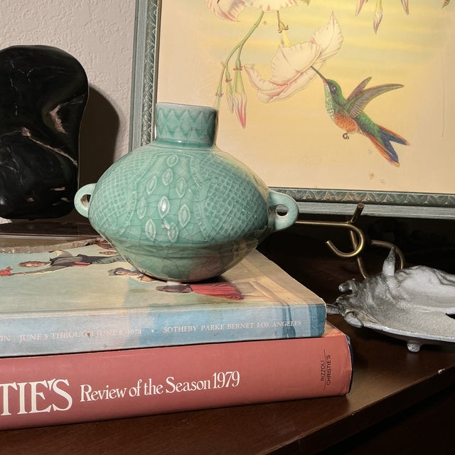 A beautifully sculptural mid century celadon crackle glaze vase in excellent original vintage condition. This vase...